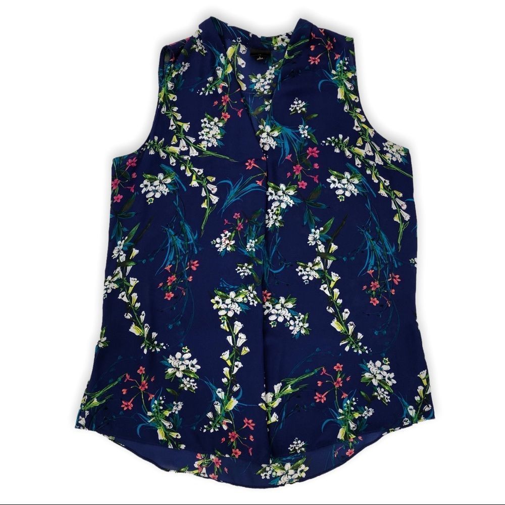 Worthington Botanical Garden Floral Blue Sleeveless V Neck Tunic Blouse Top L